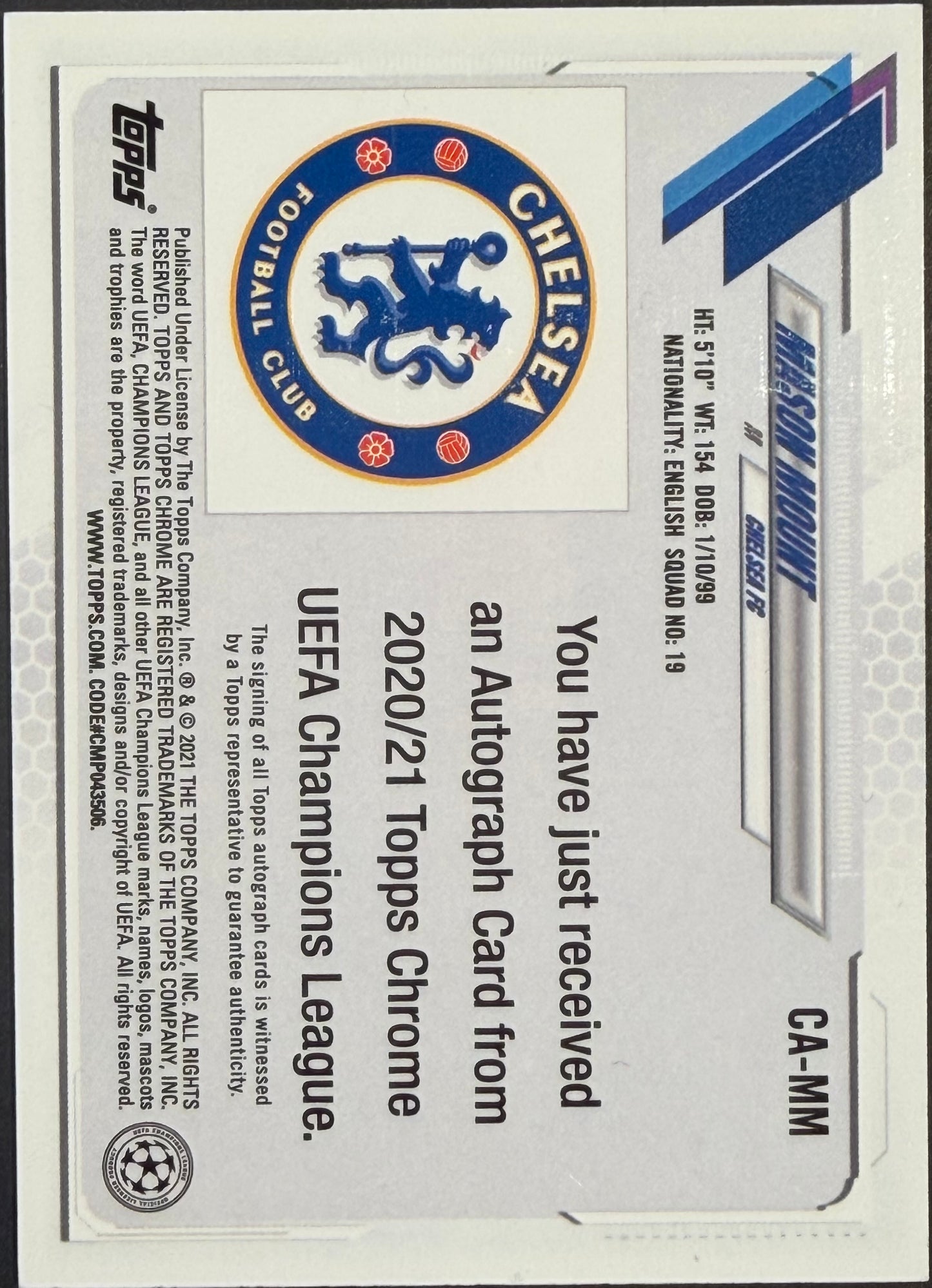 Mason Mount Autograph topps chrome UEFA 2020/21 CA-MM