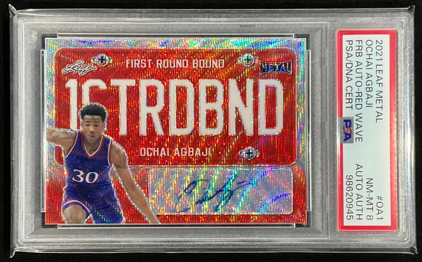 2021 Leaf Metal Ochai Agbaji Autograph Card 4/4 (Red Wave) PSA 8