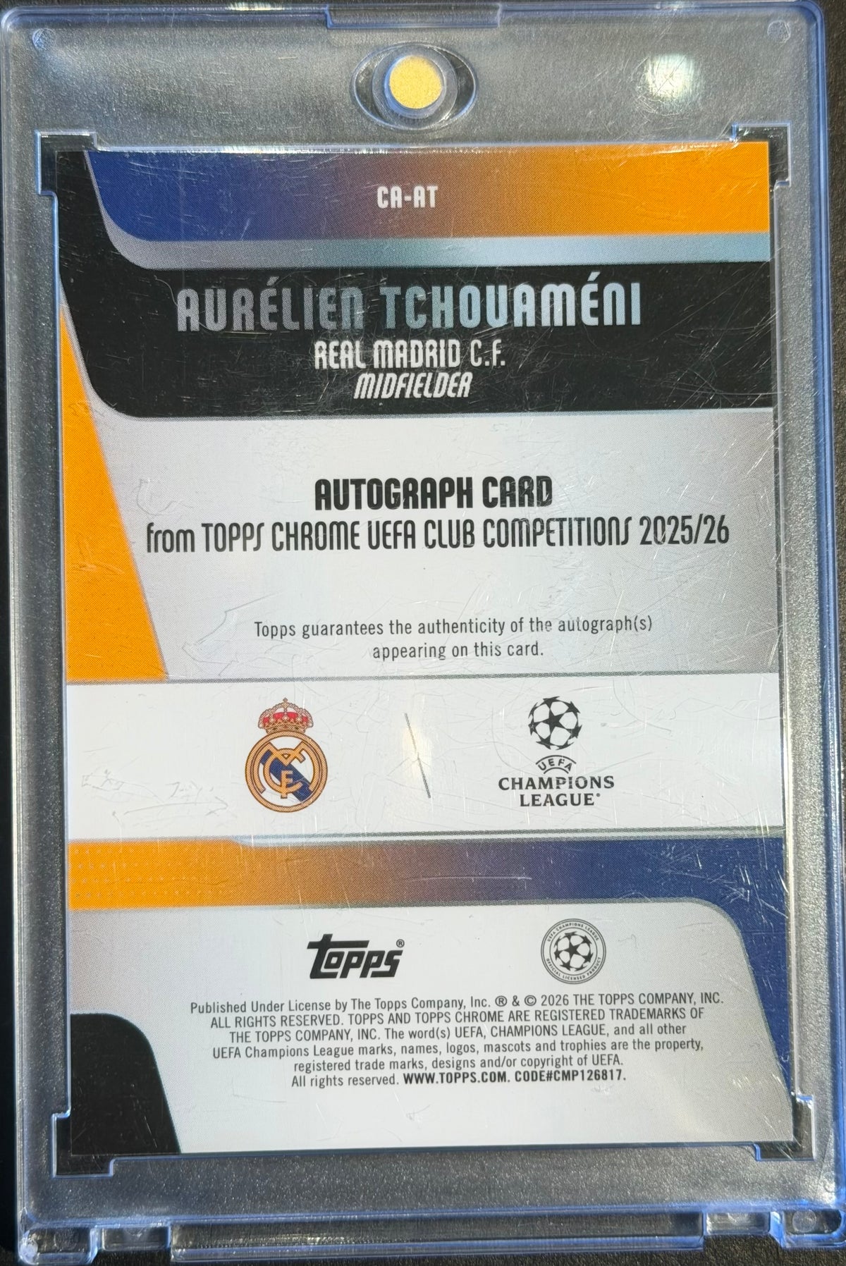 Aurelien Tchouameni /150 Auto - 2025-26 Topps Chrome #CA-AT Blue Refractor soc-3