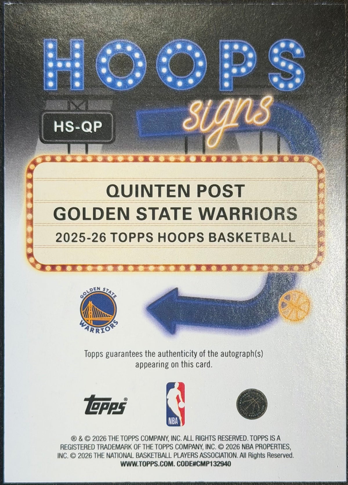 Quinten Post Golden State Warriors Autograph Hologram Card Panini NBA Hoops