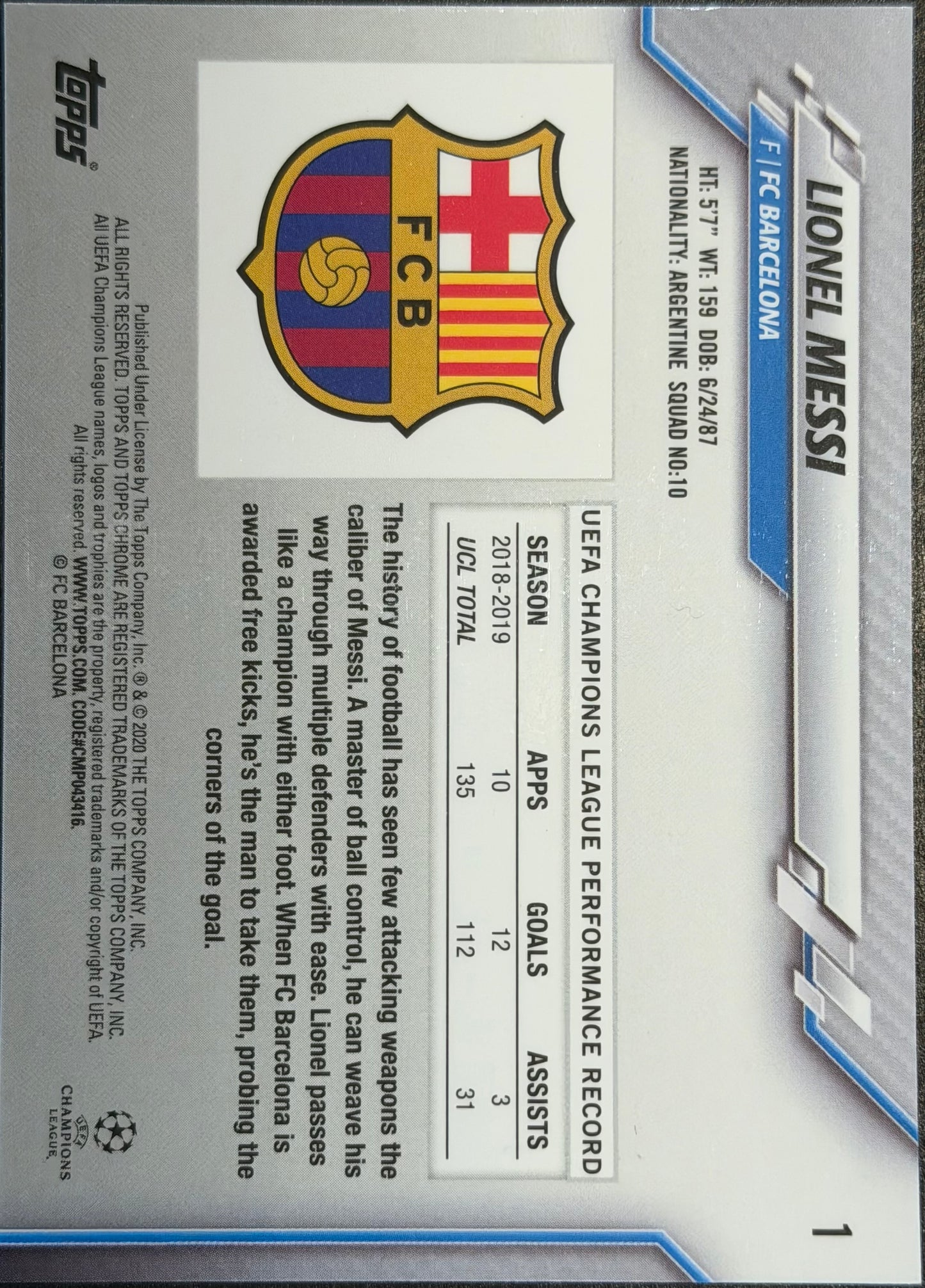2019-20 Topps Chrome LIONEL MESSI Sapphire Refractor UEFA UCL #1 Barcelona