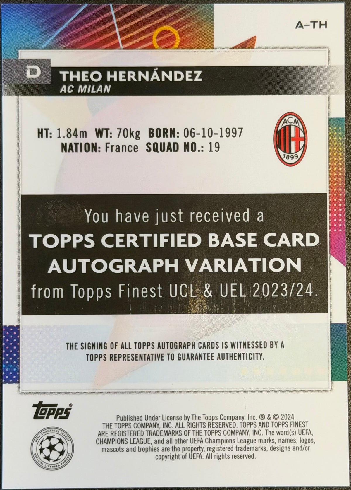 2023-24 Topps Finest UEFA UCL Theo Hernandez Variation Refractor AUTOGRAPH