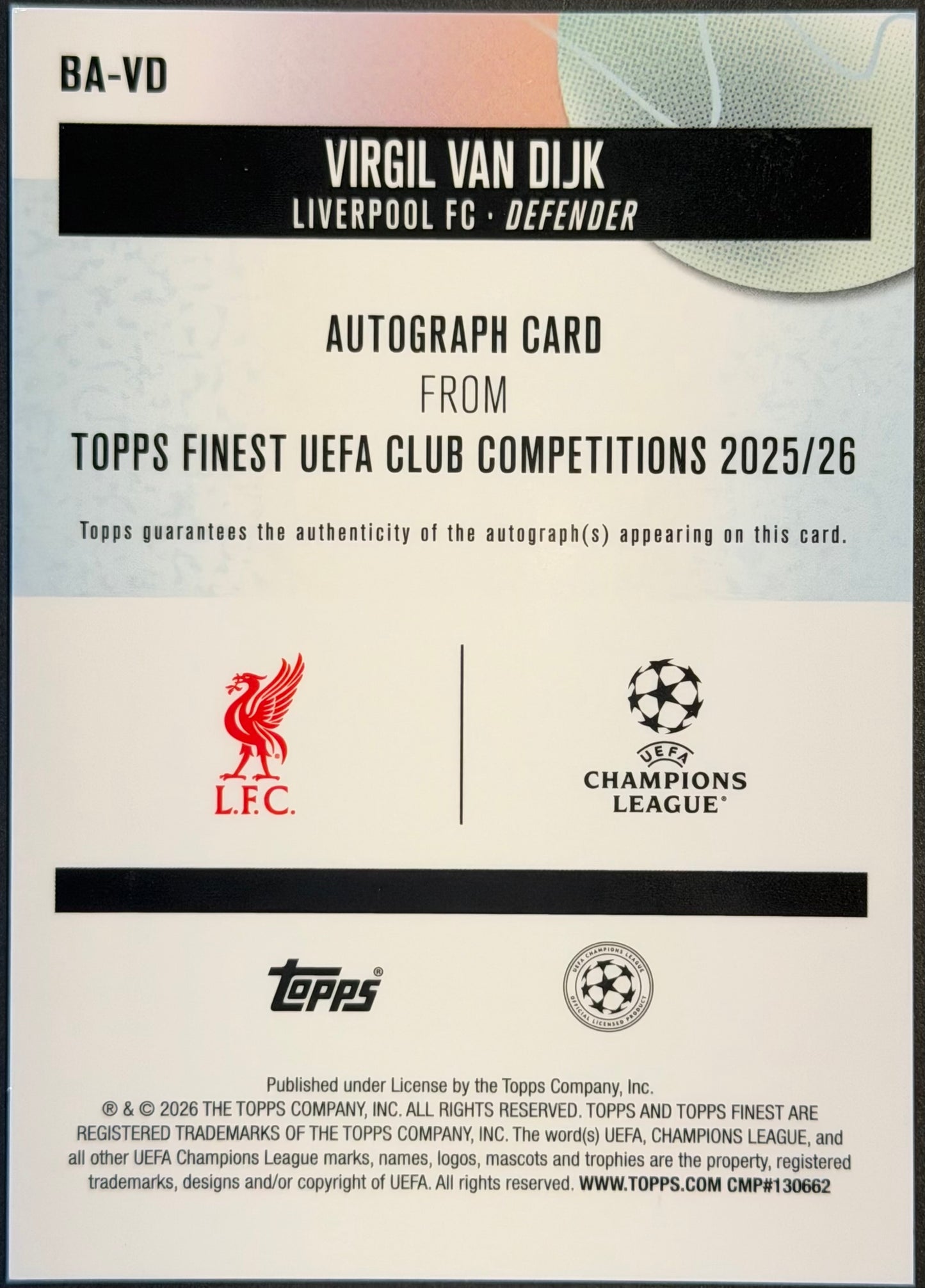 Virgil Van Dijk 15/75 Autograph Purple 2025/26 Topps Finest