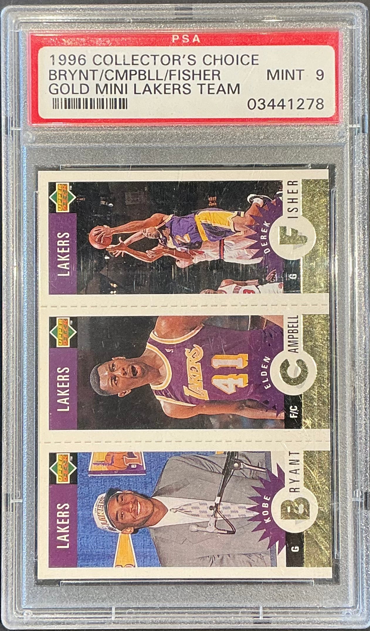 PSA 9 1996 collectors Choice Bryant/Campbell/Fisher Gold Mini Lakers Team