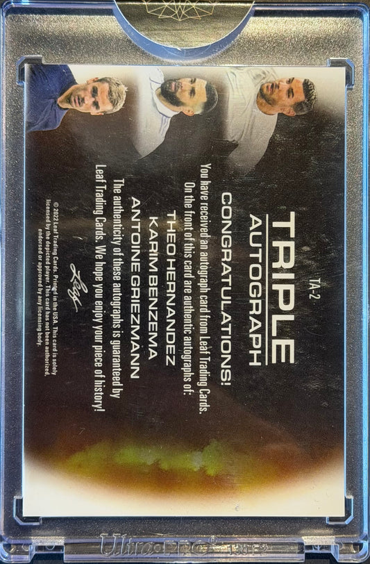 Theo Hernandez, Karim Benzema, Antoine Griezmann Triple auto 1/1 Leaf