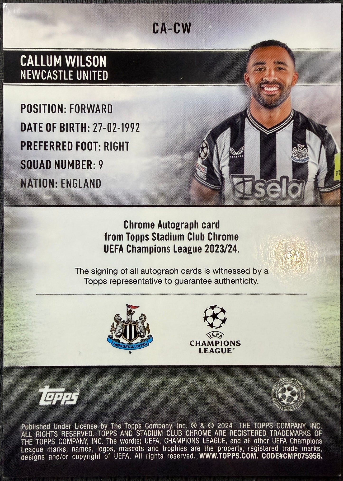 Callum Wilson 17/25 Autograph 2024 Stadium Club Chrome