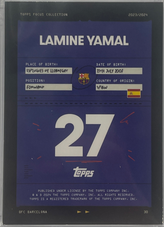 2023-24 Topps Focus Barcelona Lamine Yamal Snapshots Blue Rainbow #07/75