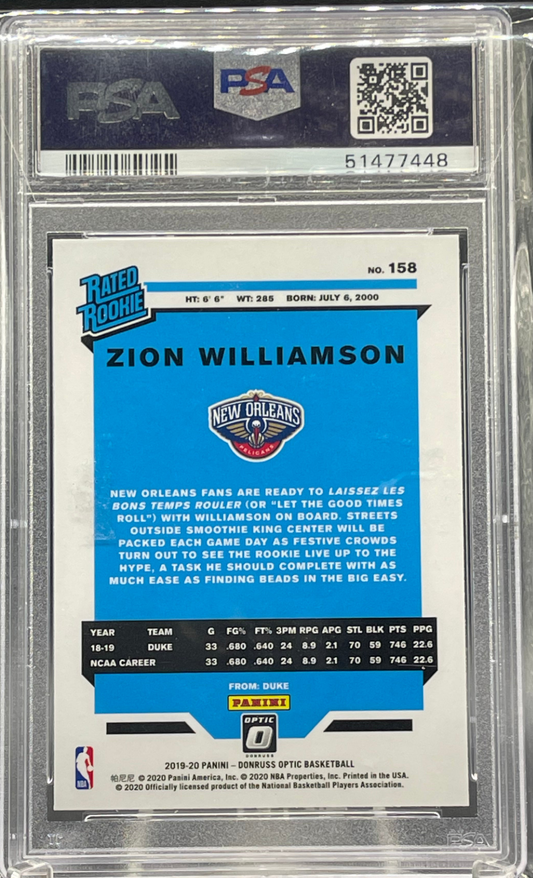 2019-20 Donruss Optic Zion Williamson Rated Rookie PSA 10