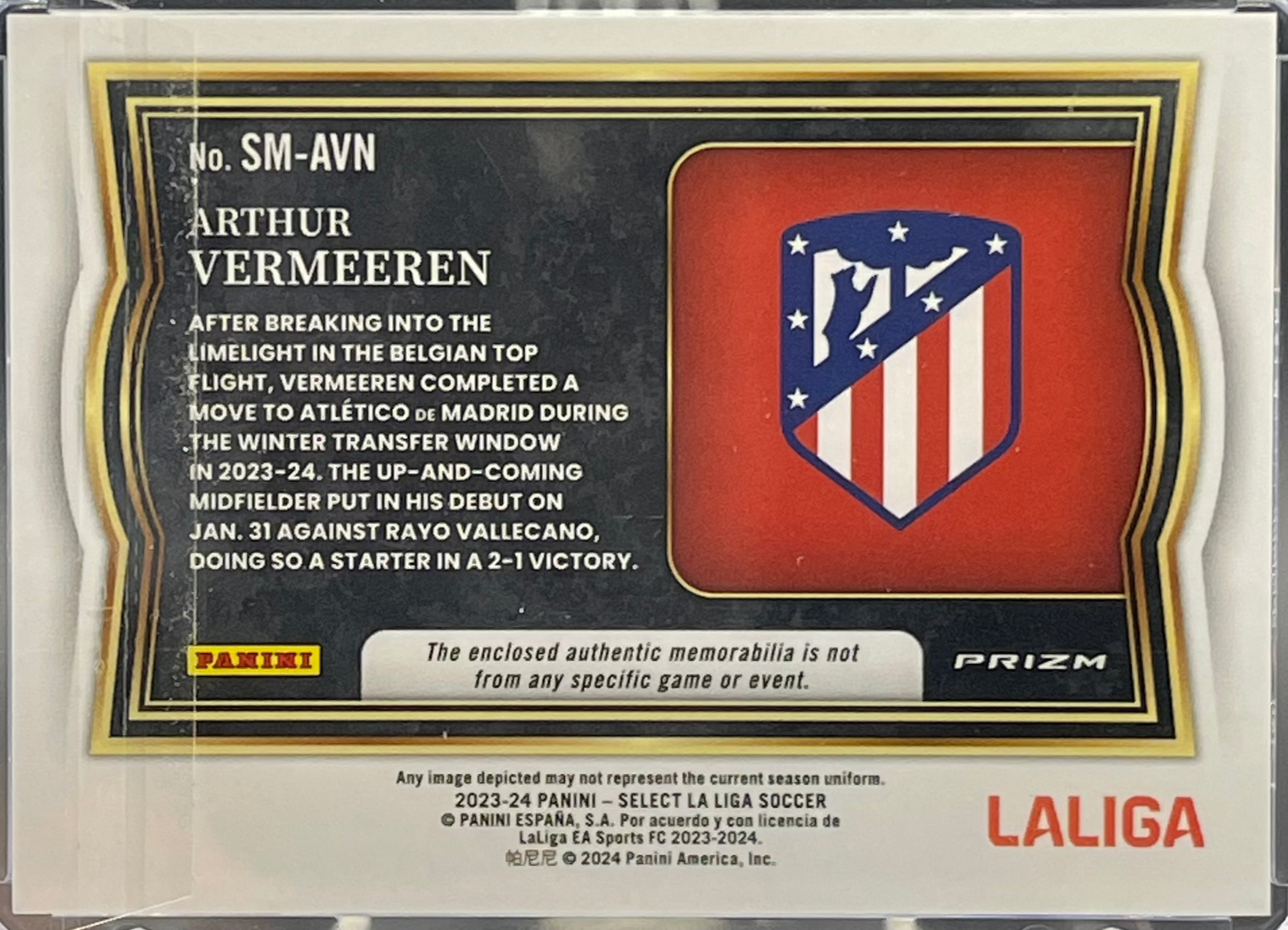 2023/24 Panini Select La Liga Arthur Vermeeren Patch No. SM-AVN PRIZM SILVER