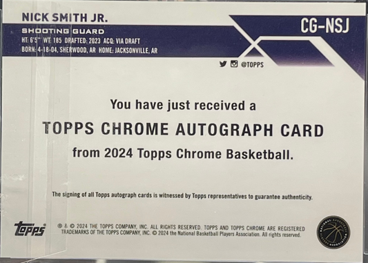 2024 Topps Chrome NBA Nick Smith Jr. Autograph No. CG-NSJ