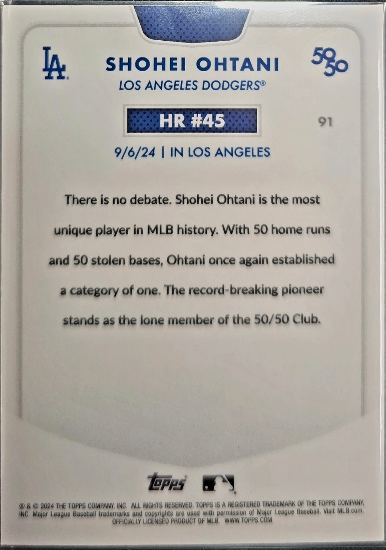2024 Topps Shohei Ohtani 50/50 Home Run #45 Blue Refractor /150