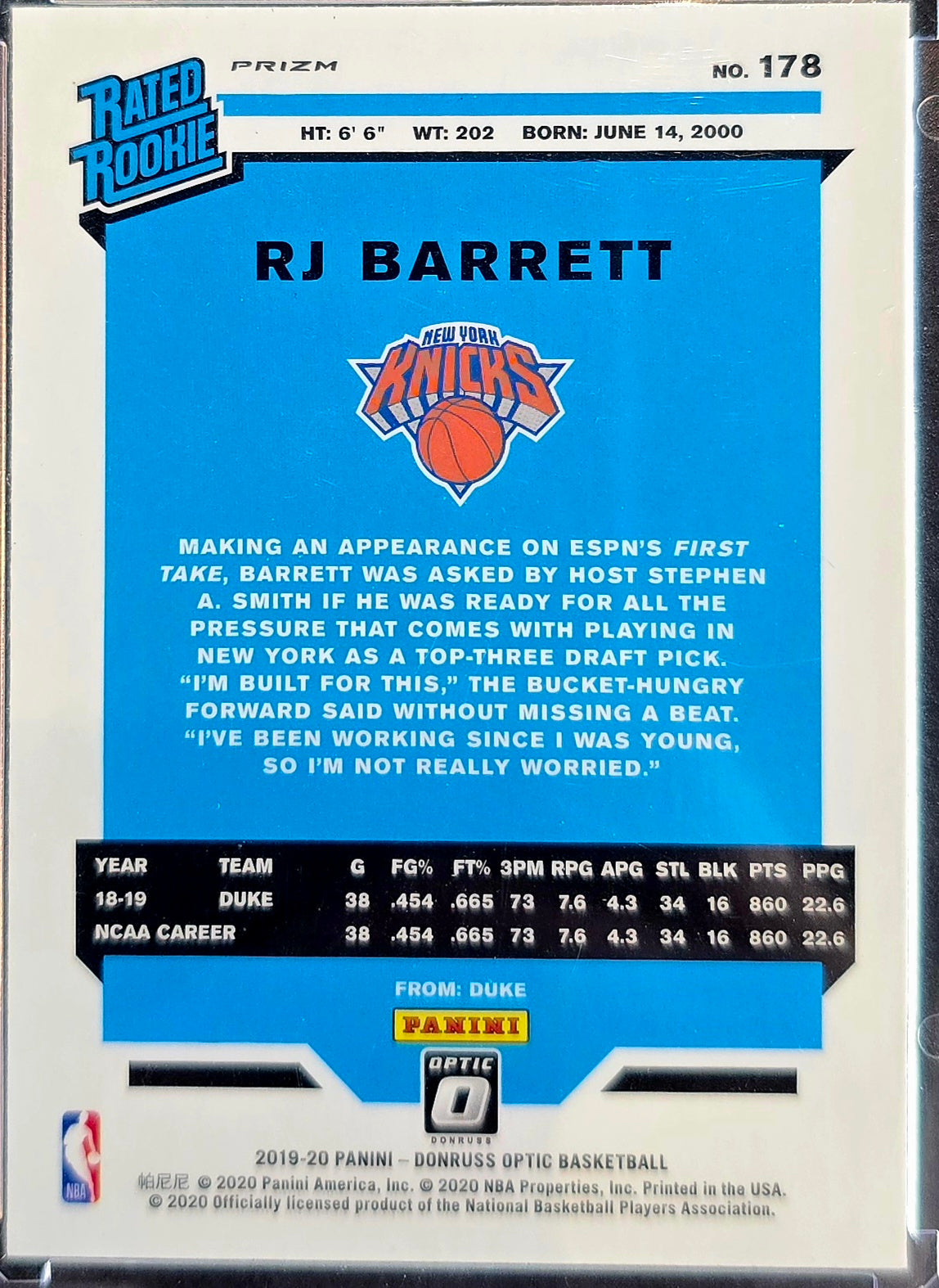 2019-20 Donruss Optic RJ Barret Rated Rookie #178 Fanatics Gold Wave