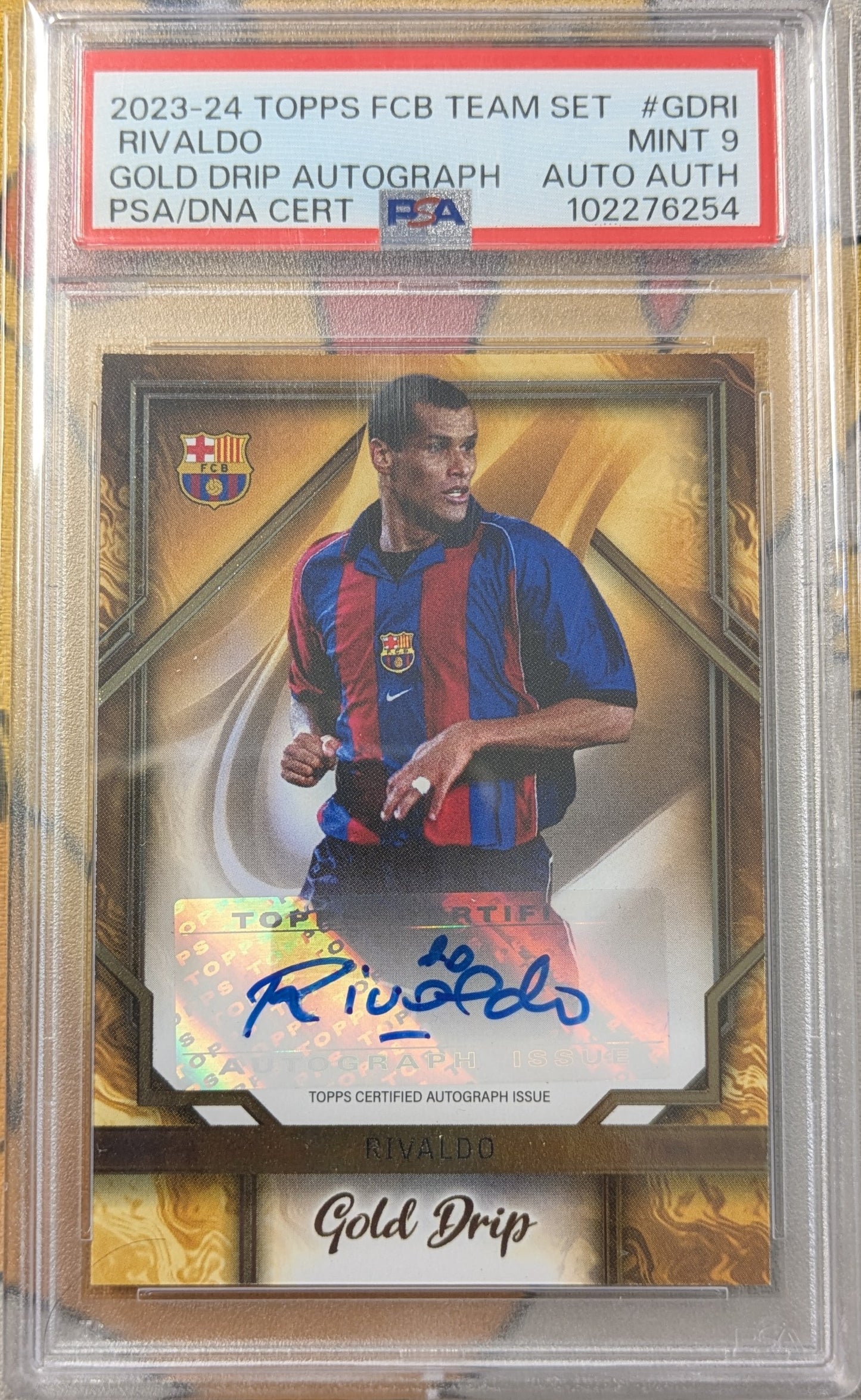 2023-24 Topps FC Barcelona Team Set Rivaldo Gold Drop Auto PSA 9