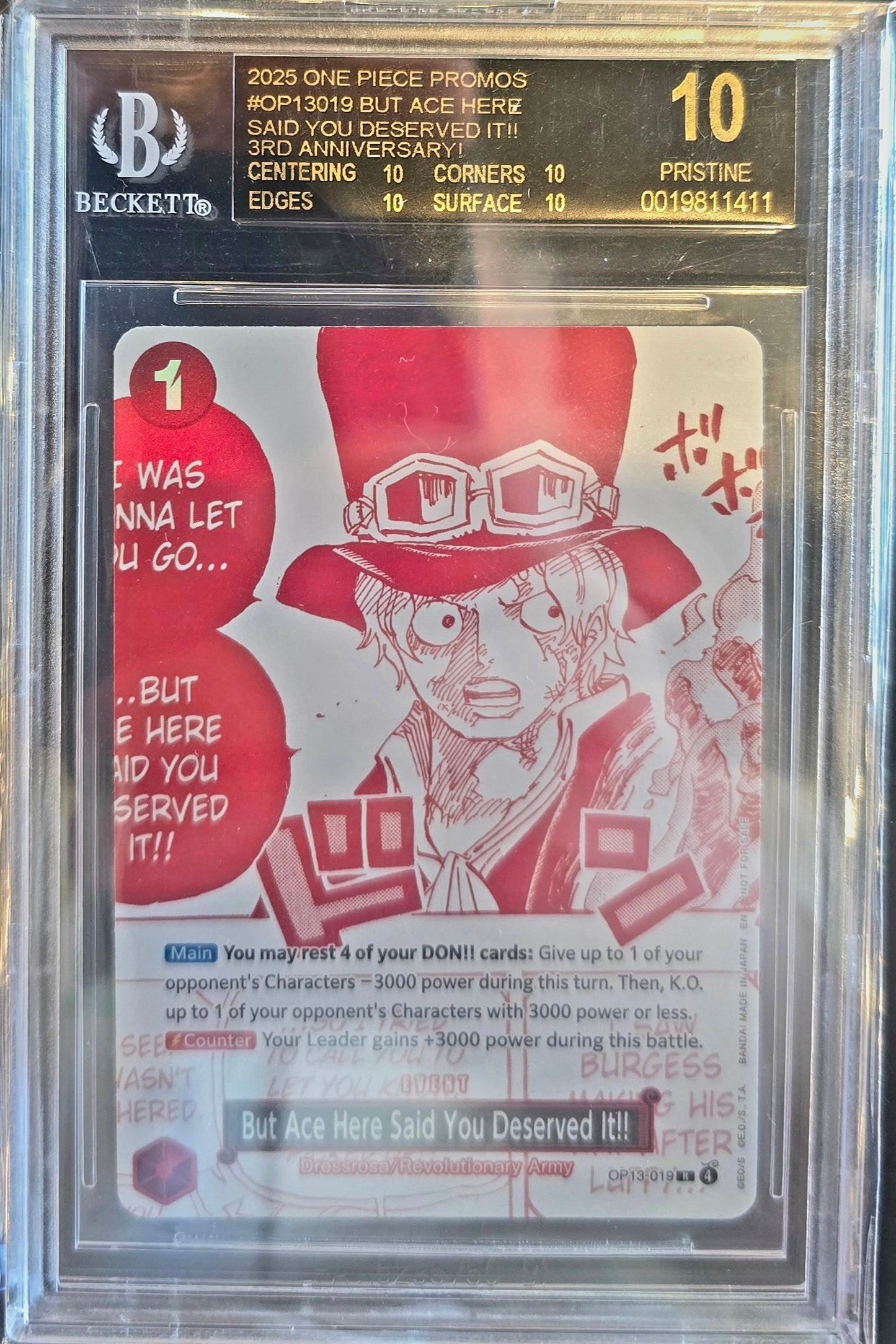 But Ace Here Said You OP13-019 - 3rd Anniversary Treasure Campaign Pack Promo Beckett 10 (PRISTINE BLACK LABEL)