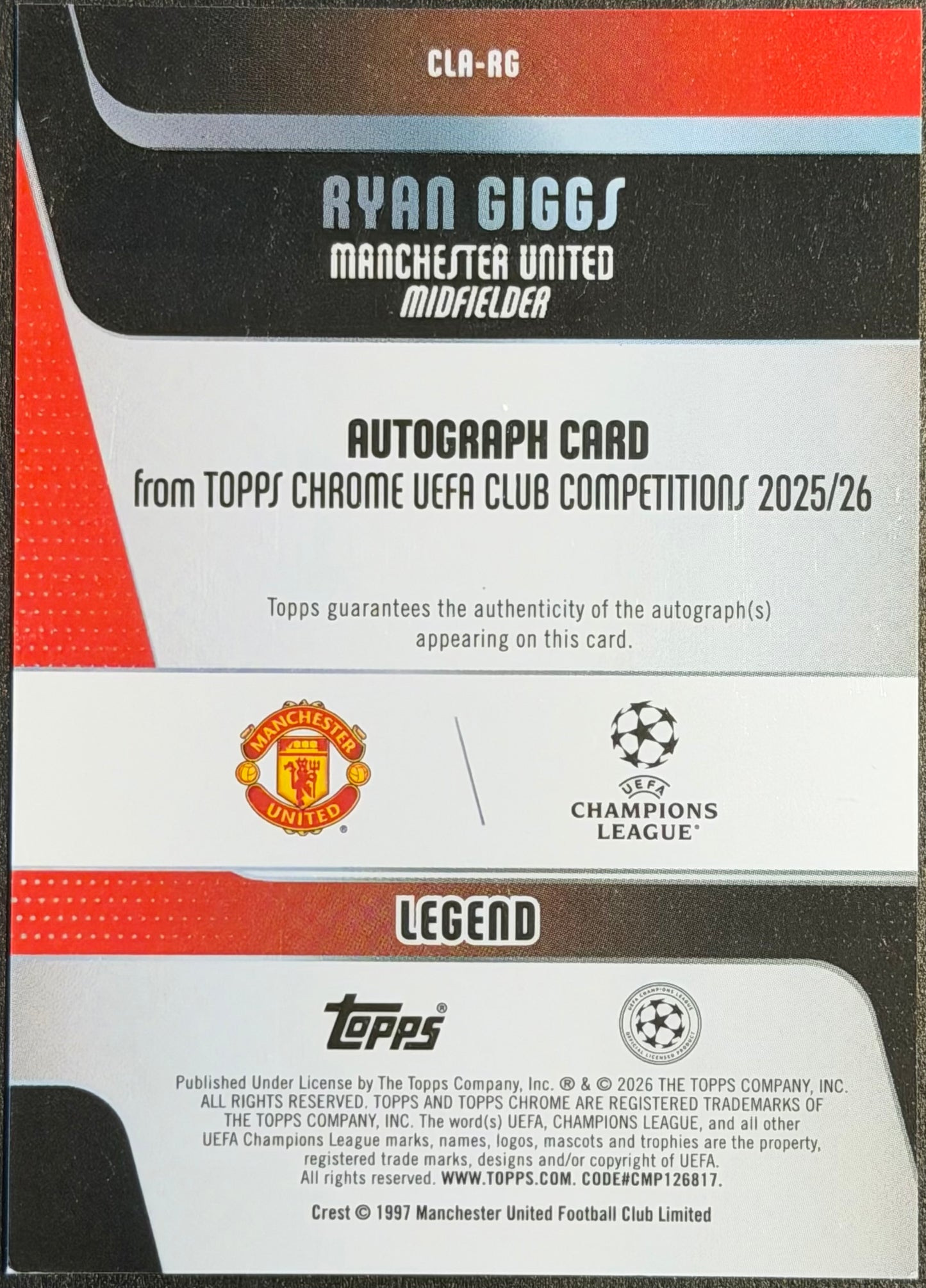 Ryan Giggs 30/50 Gold Autograph Topps Chrome UEFA 2025/26