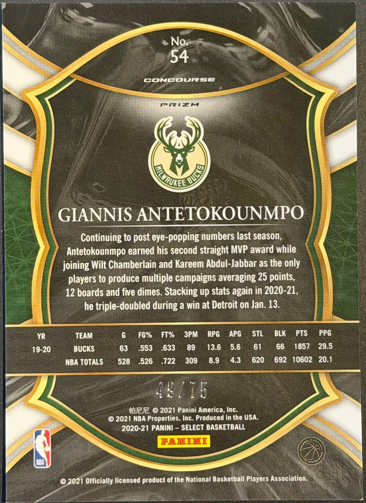 Giannis Antetokounmpo #54 Neon Green 49/75 2020-21 Panini Select - Concourse