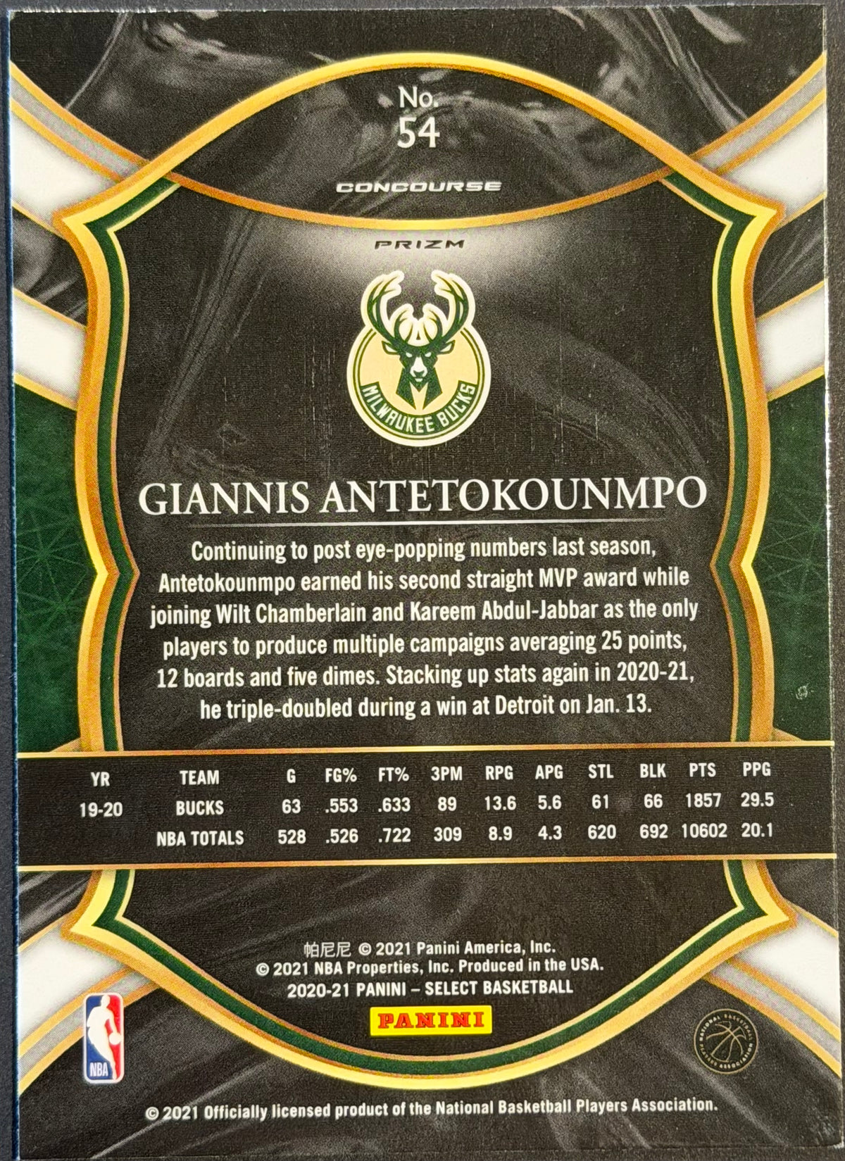 Giannis Antetokounmpo #54 Gold Wave 2020-21 Panini Select - Concourse