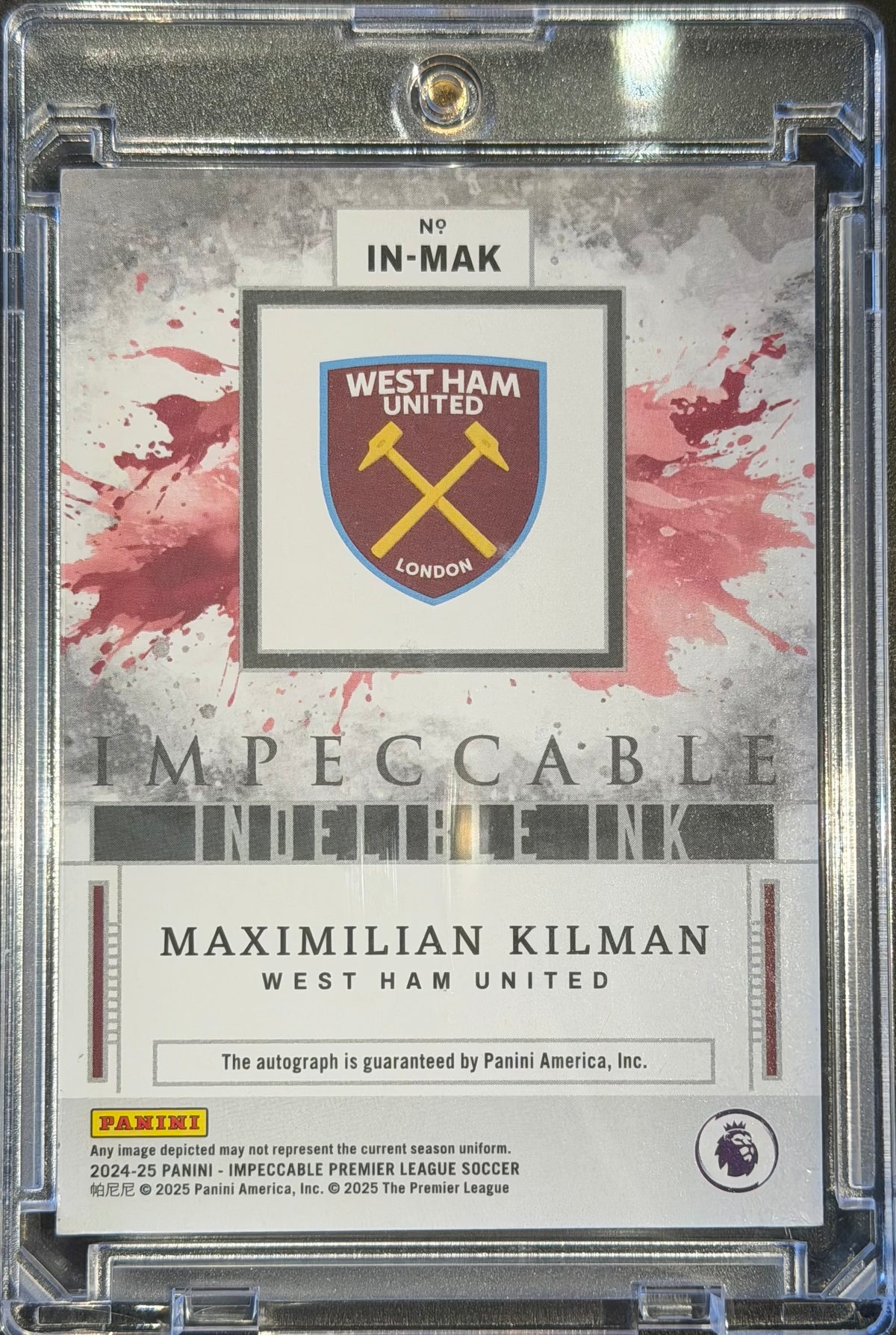 Maximilian Kilman Panini Impeccable Auto /99 West Ham United Indelible Ink 2024