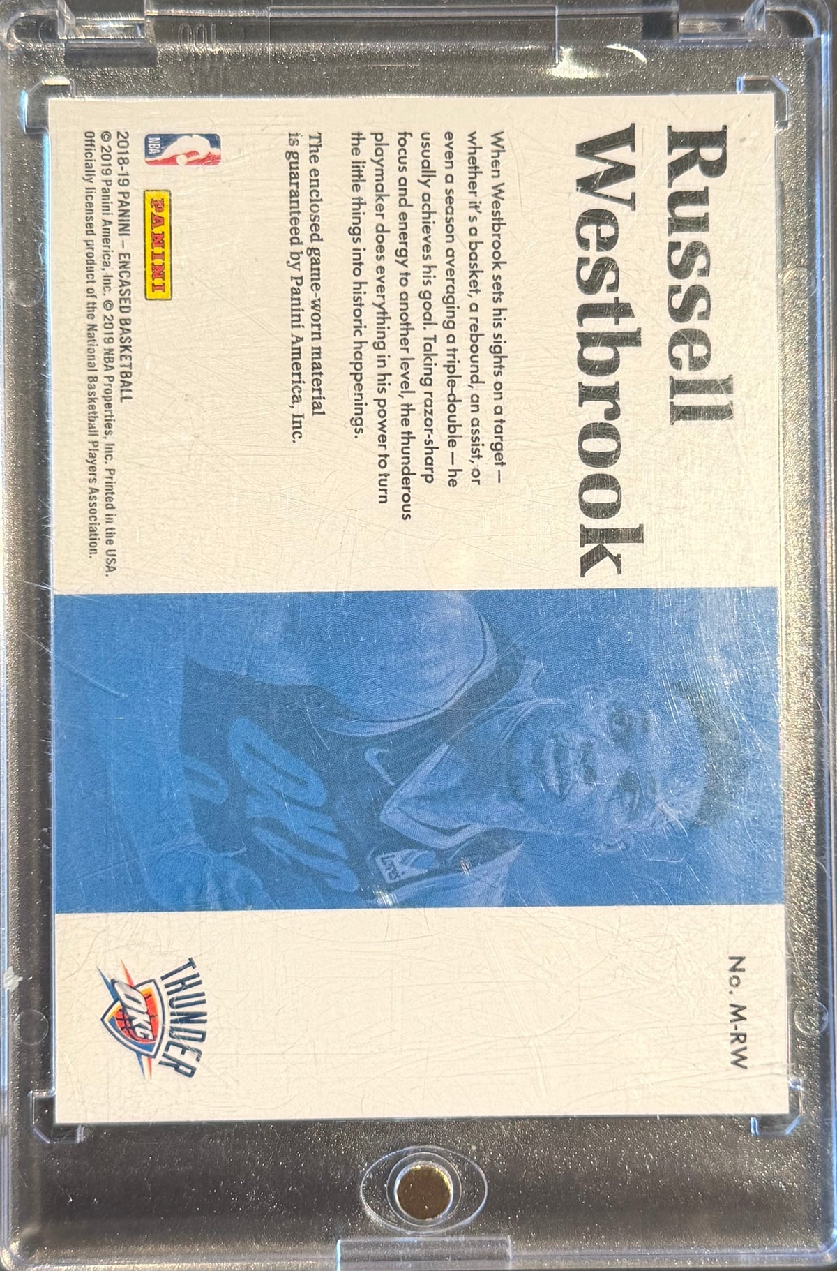 Russell Westbrook 2018-19 Panini Encased Game Used Patch 56/99 M-RW Thunder LA