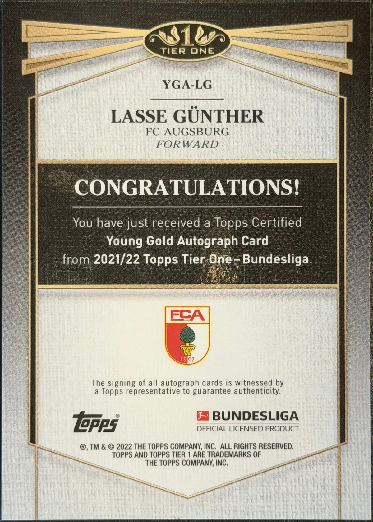 Lasse Günther /75 2021-22 Topps Tier One Bundesliga Young Gold Autograph Rookie