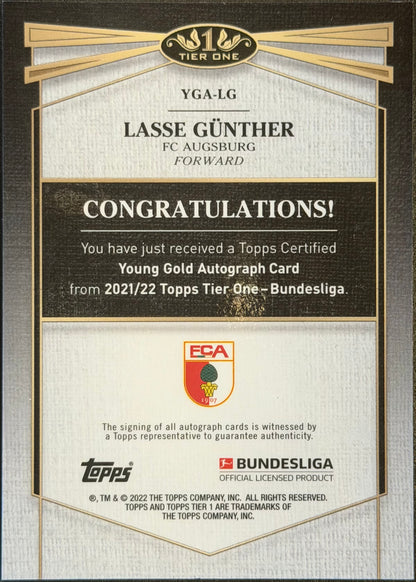 Lasse Günther /75 2021-22 Topps Tier One Bundesliga Young Gold Autograph Rookie
