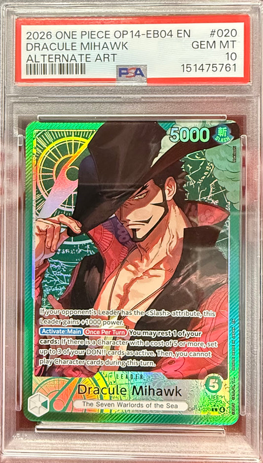 One Piece OP14-EB04 The Azure Sea's Seven Dracule Mihawk Alt Art Leader PSA 10