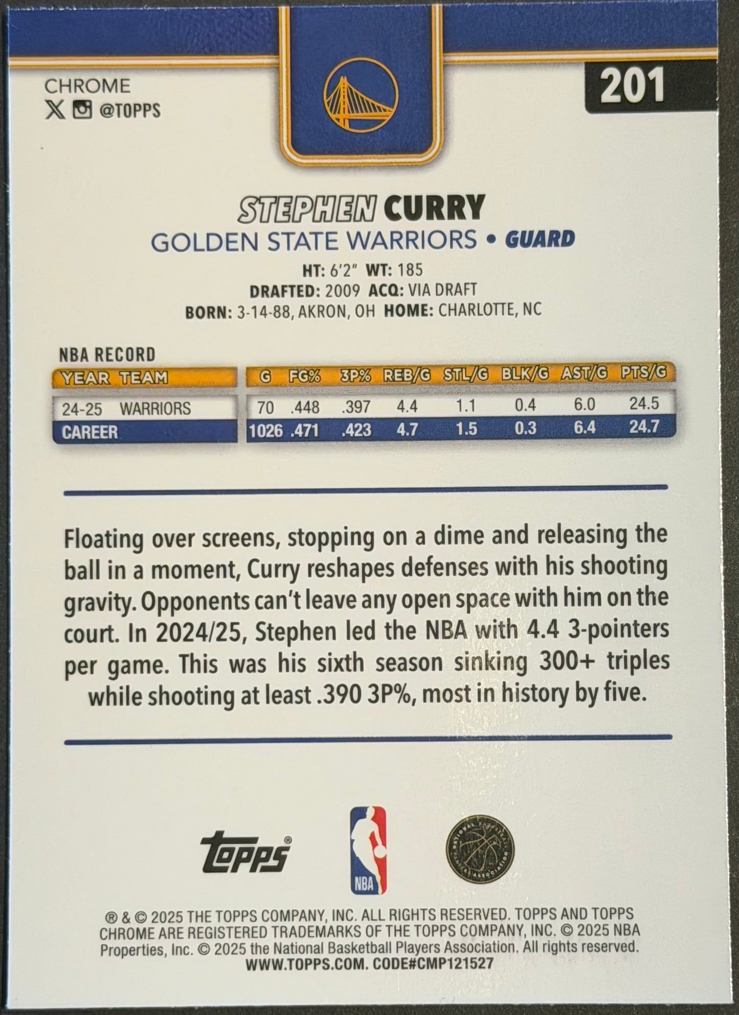 Stephen Curry Basketball Border Refractor SP #201
