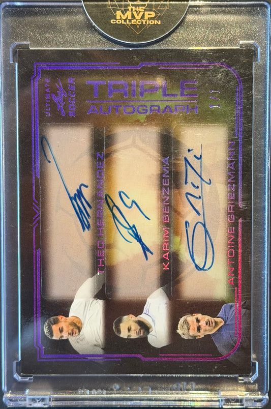 Theo Hernandez, Karim Benzema, Antoine Griezmann Triple auto 1/1 Leaf