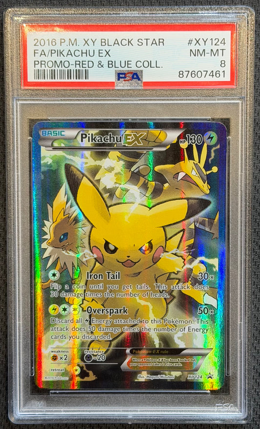 PIKACHU EX 2016 POKEMON XY BLACK STAR PROMO RED & BLUE #XY124 PSA 8