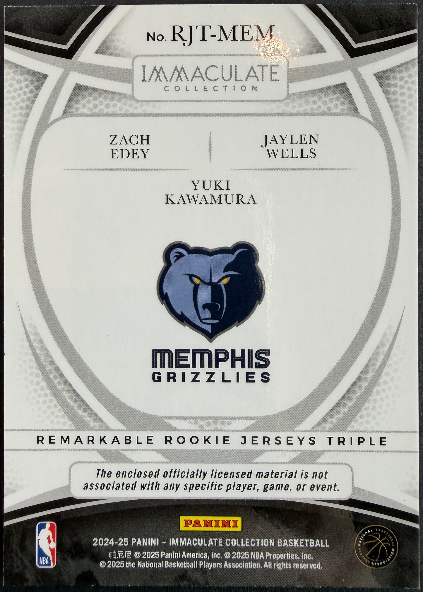 Zach Edey, Jaylen Wells, Yuki Kawamura 13/25 2024/25 Immaculate Collection Basketball Triple Patch