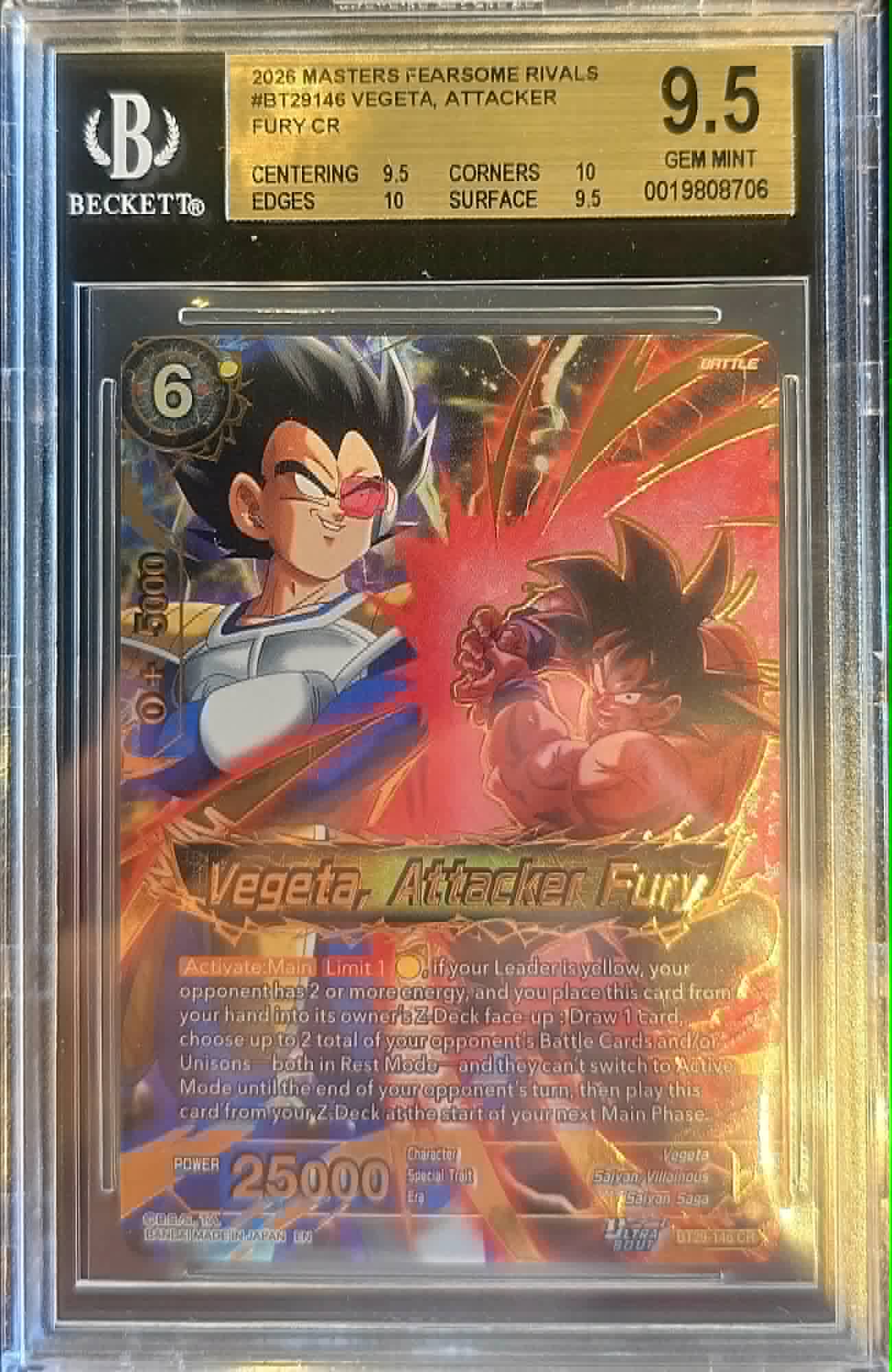 2026 Dragon Ball Super Vegeta, Attacker Fury CR Gem Mint 9.5 Beckett