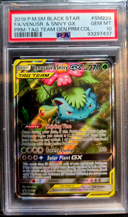 Venusaur & Snivy GX Tag Team #SM229 - Sun Moon Black Star Promo - 2019 - PSA 10