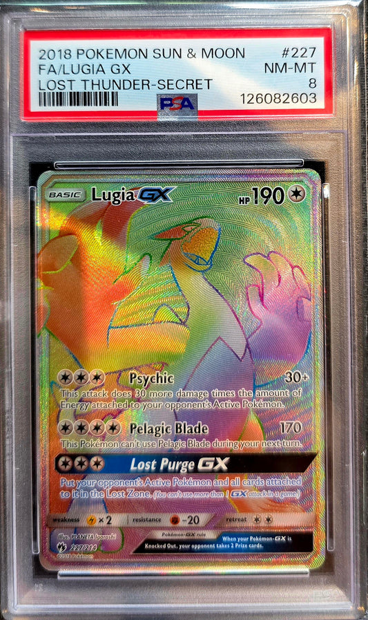 Lugia GX 227/214 Lost Thunder Rainbow Secret Rare PSA 8 Pokemon Card