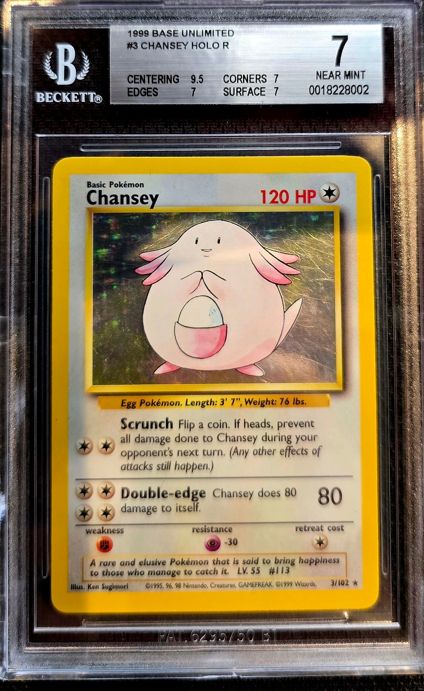 Pokemon Chansey Base Set Holo Card #3/102 BGS 7