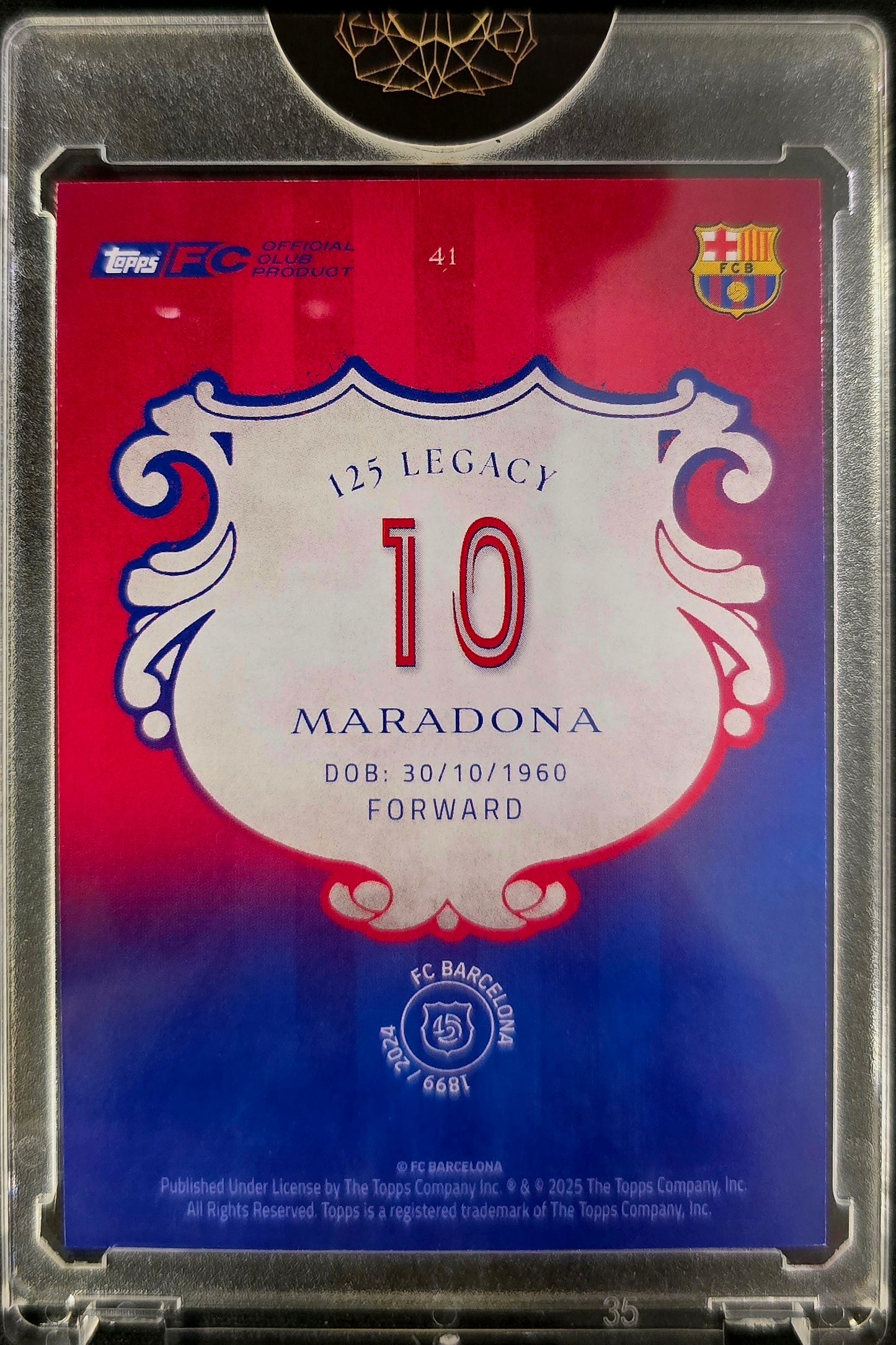2024-25 Topps Barcelona 125 Anniversary Diego Maradona Aqua 10/50 (Jersey Match)