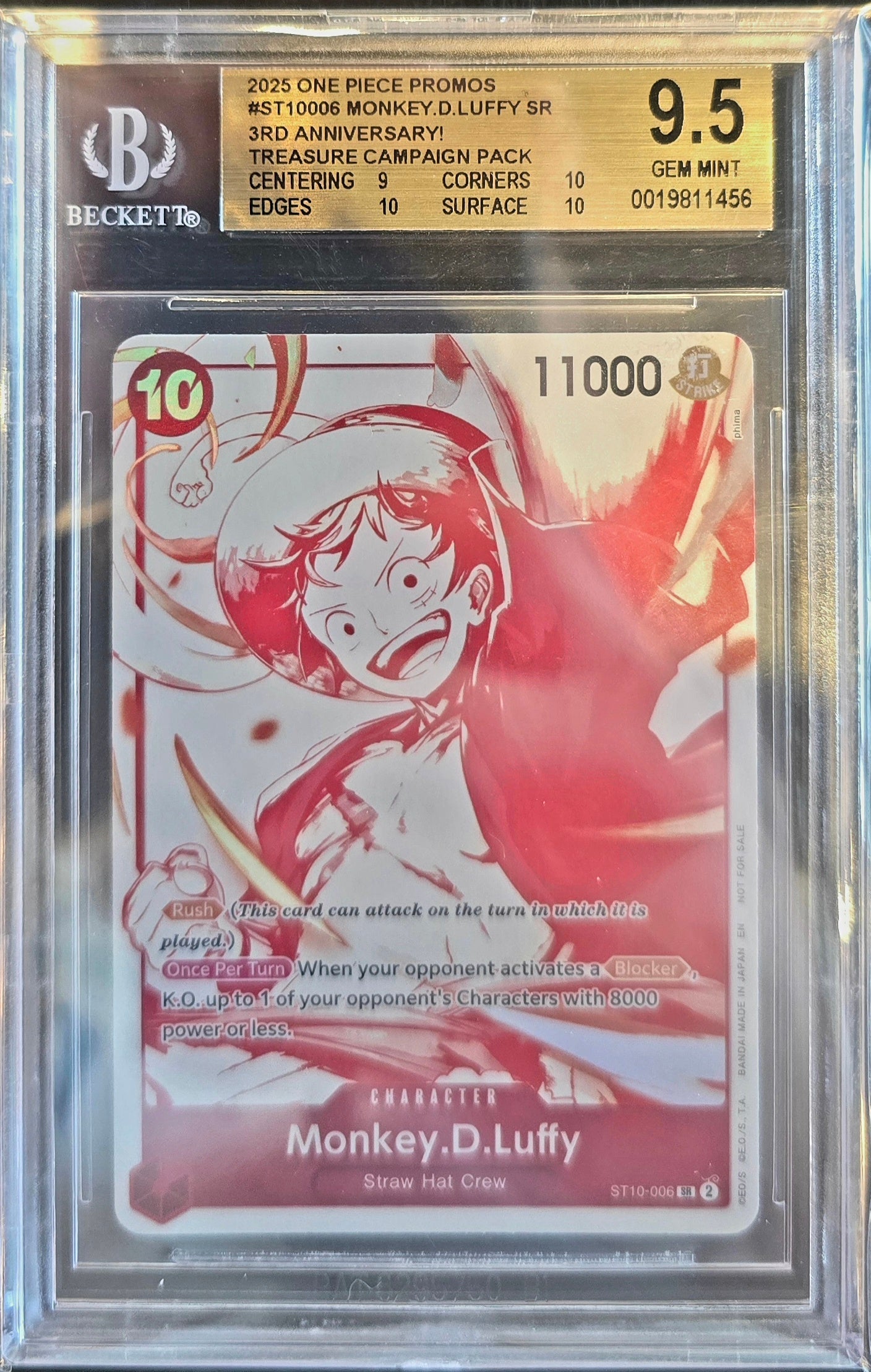 Monkey D Luffy SR ST10-006 3rd Anniversary Treasure Campaign One Piece Beckett 9.5