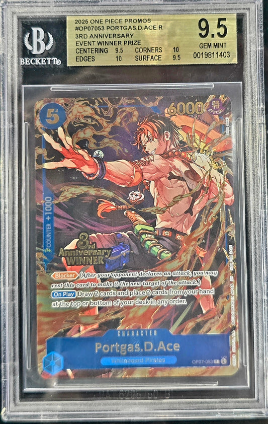 2025 One Piece Portgas D Ace #OP07-053 3rd Anniversary Event Winner BGS 9.5