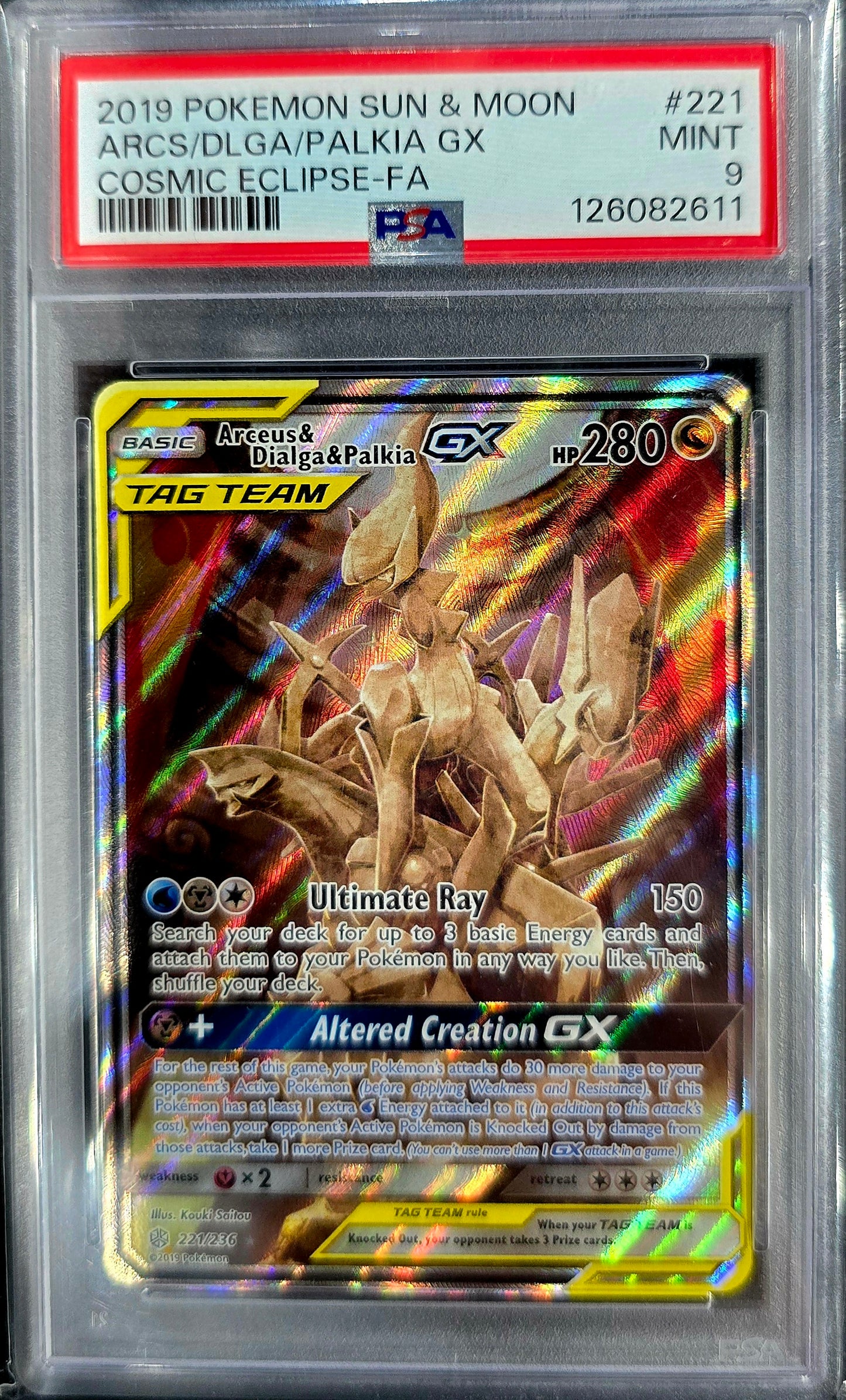 Arceus & Dialga & Palkia GX (Alternate Full Art) 221/236 Sm-Cosmic Eclipse Holo PSA 9
